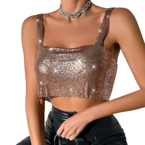 Sexy Crop Top for Women Metal Sequins Tank Top Sleeveless Glitter